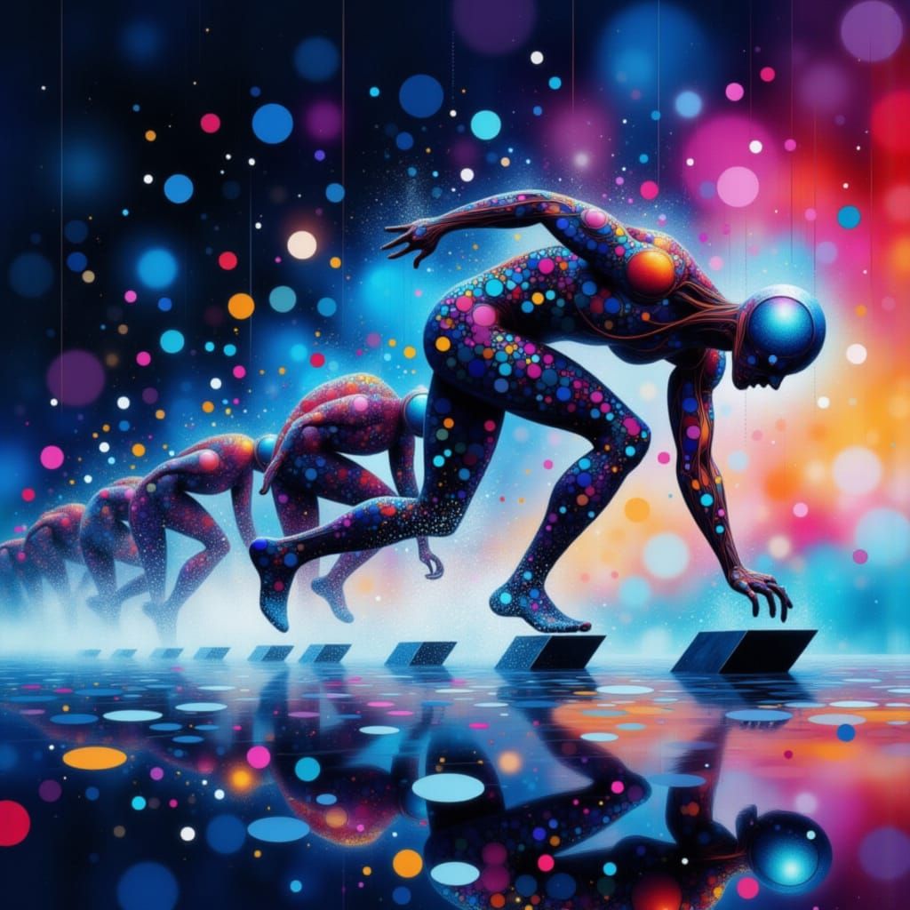 Athletes Tensed on Starting Block in Neon Glow