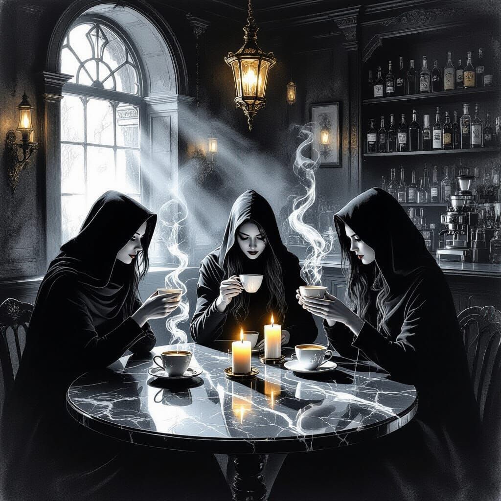 Gothic Coffeehouse With Spectral Baristas and Ethereal Glow