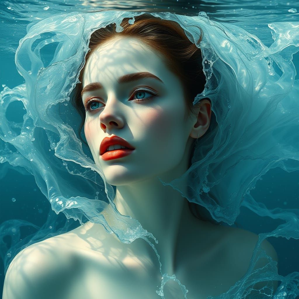 Porcelain Woman Surfaces from Ocean Waves