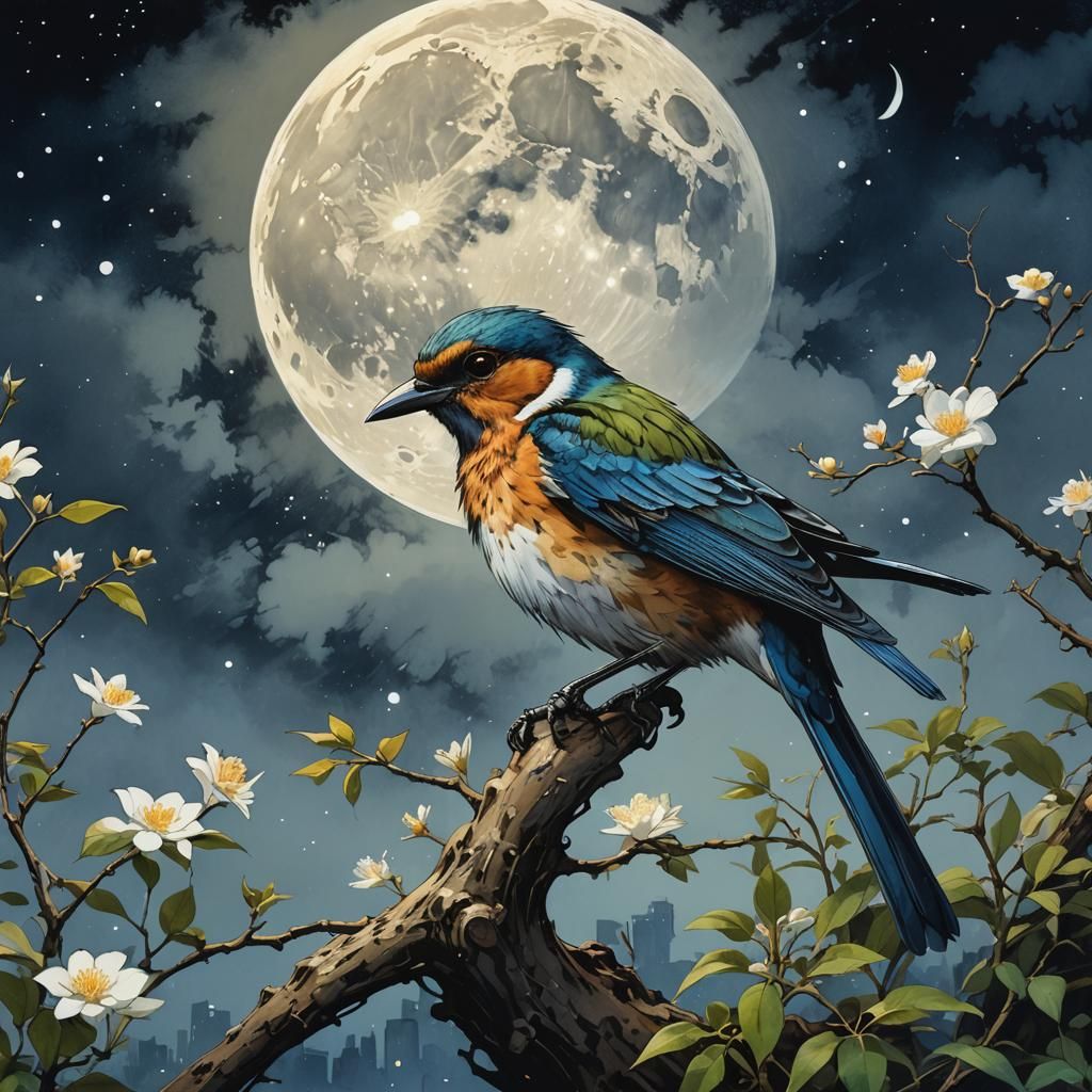 Colorful Bird Under Moon, Watercolor Concept Art