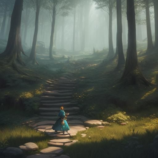 Enchanted Forest: Girl, Dog, and Bubbles