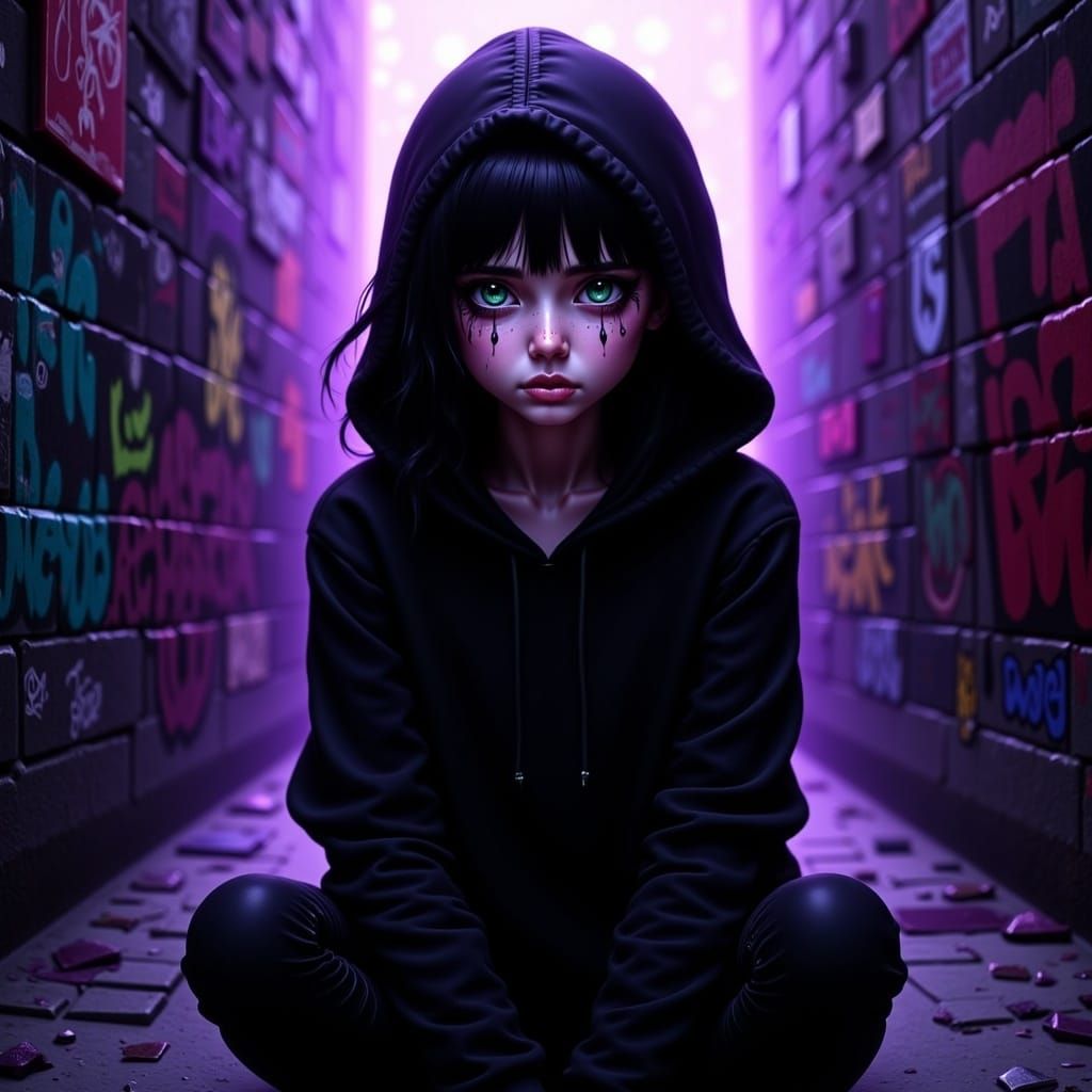 Mournful Emo Girl in Dark Alleyway