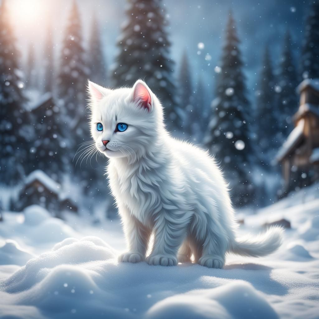 White Kitten on Snow: Detailed Matte Painting