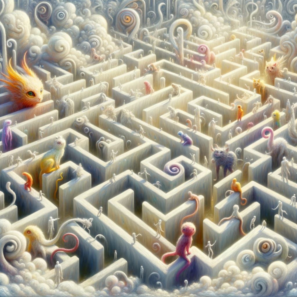 Dreamlike Labyrinth with Vibrant Creatures in Impressionist ...