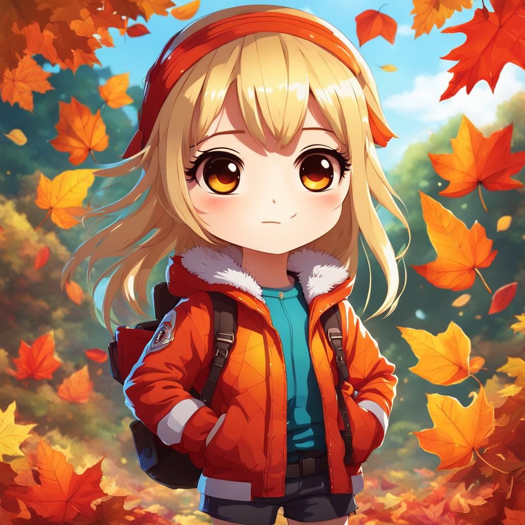 Cheerful Chibi Girl in Autumn Anime Style