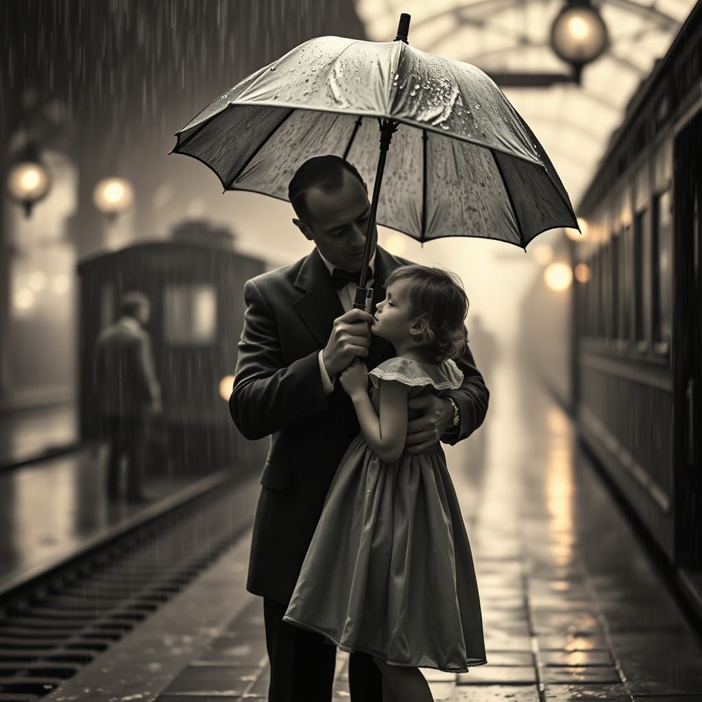 Farewell Kiss in Rainy 1920s Train Station