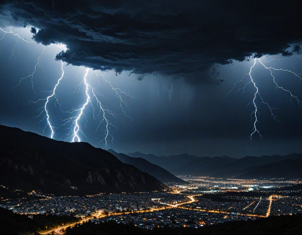 Lightning Storm Over Mountain Range in Oil Painting