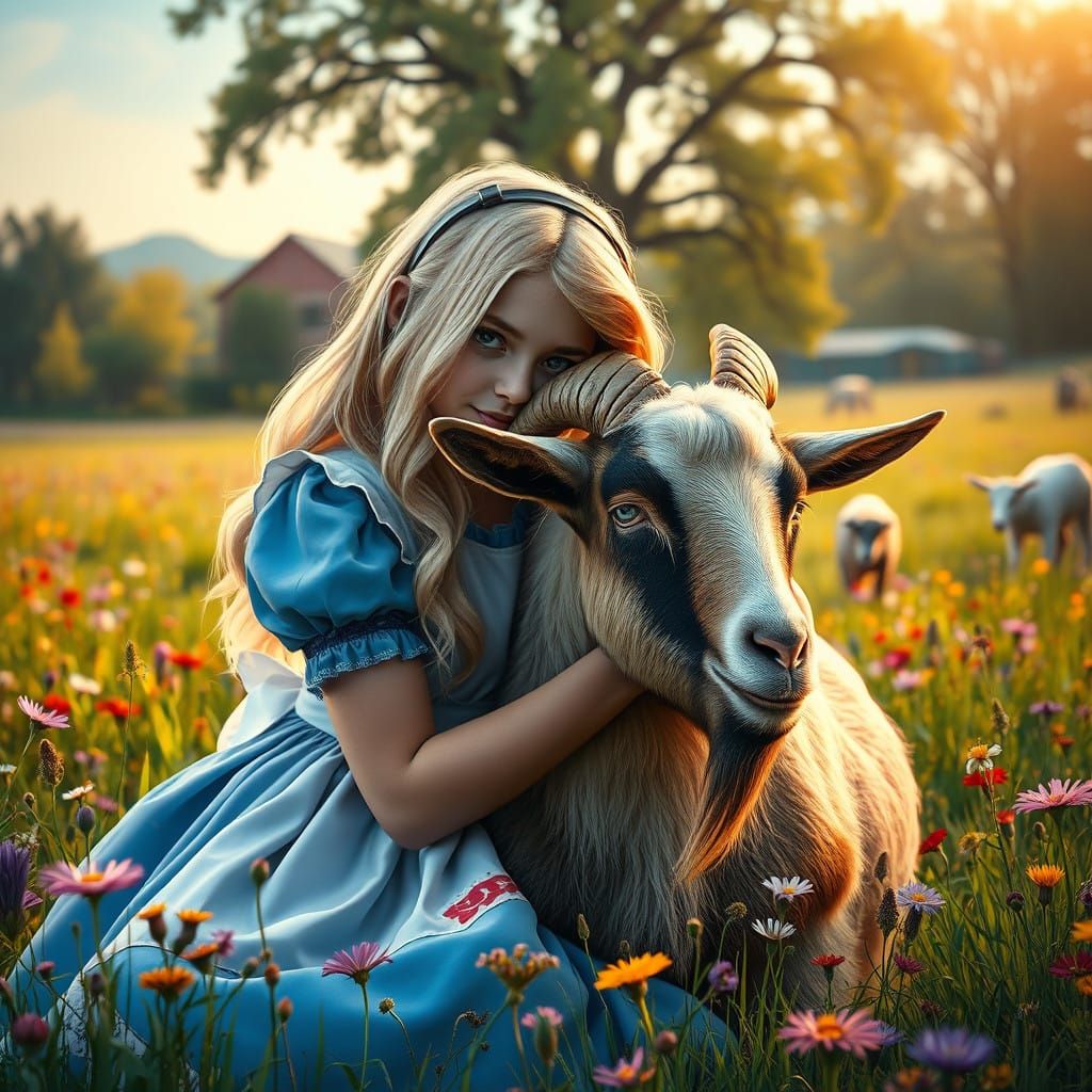 Whimsical Farm Scene with Majestic Goat and Alice
