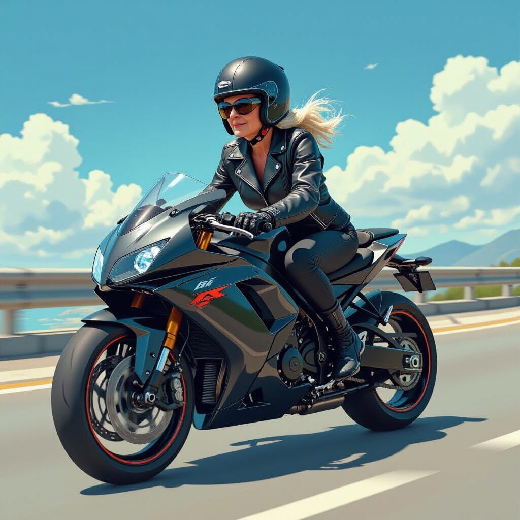 Elderly Woman Rides Sports Bike in Futuristic Art Style