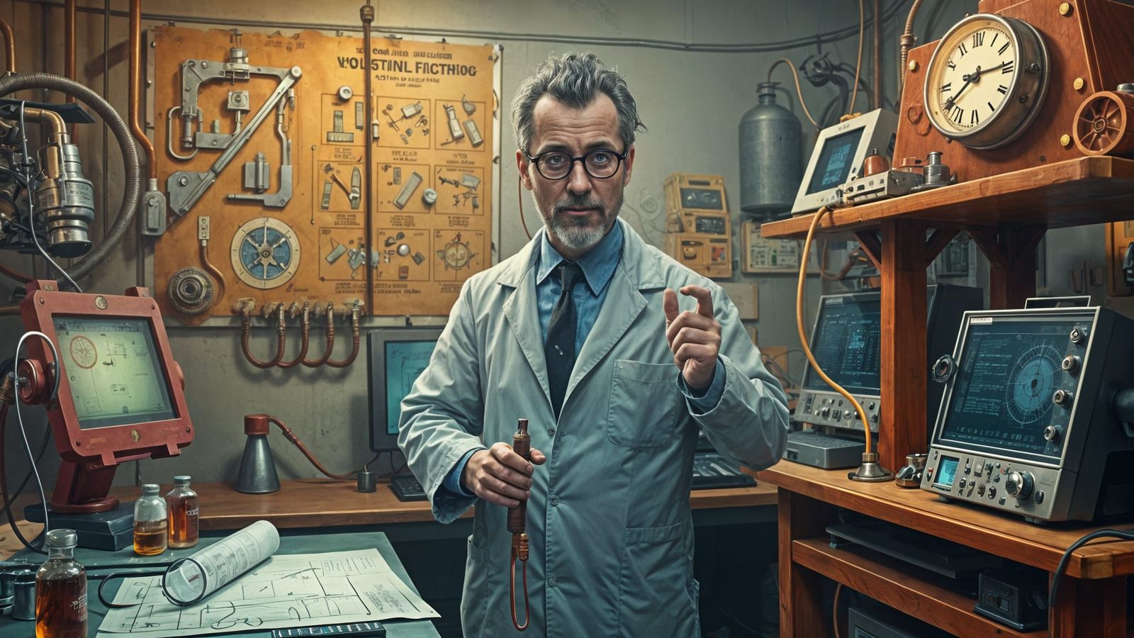 Mad Inventor in a Steampunk Lab