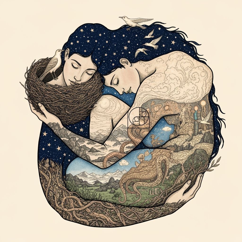 Dreamlike Concept Art: Woman Carrying a Starry Nest