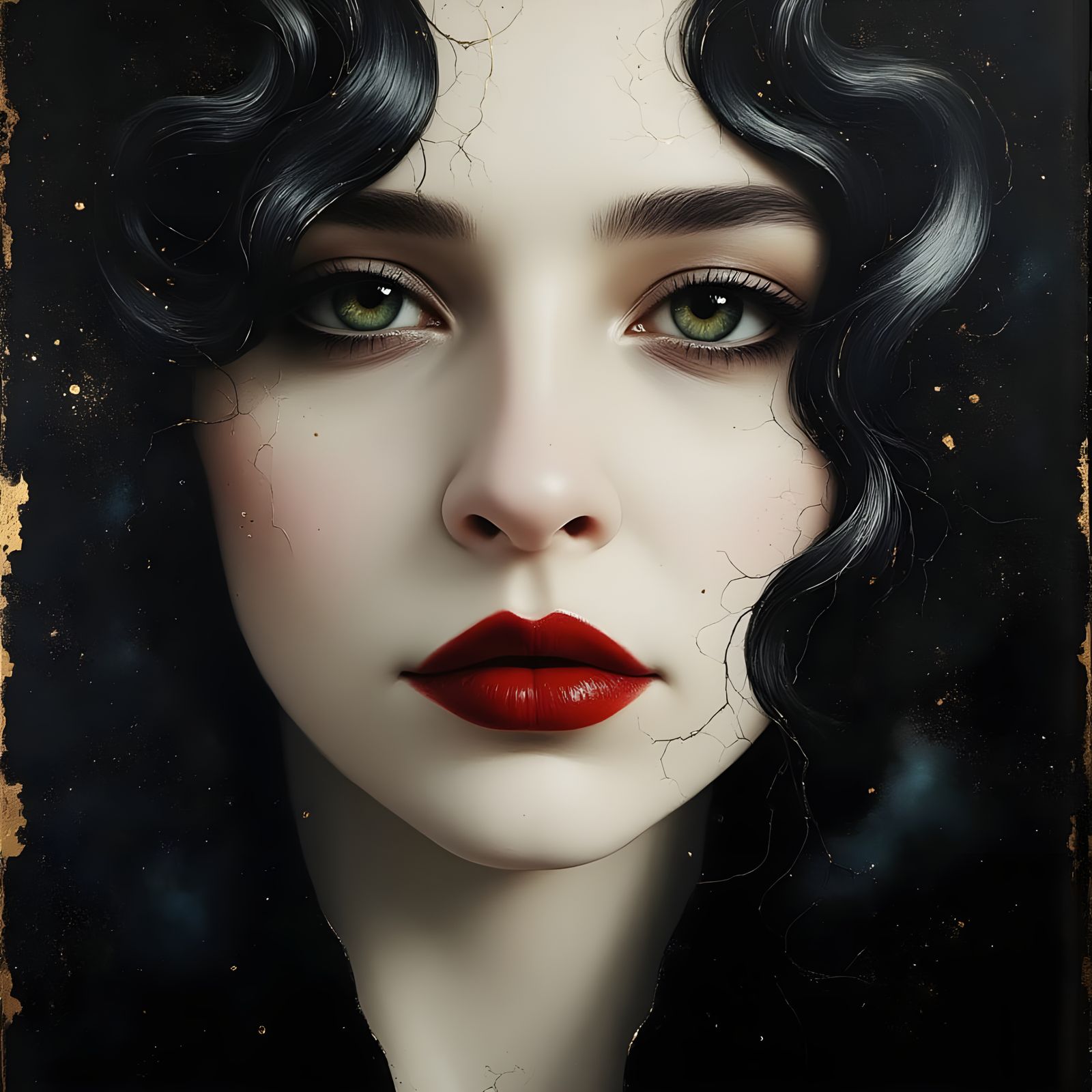 Gothic Woman with Red Lips: Dramatic Oil Painting
