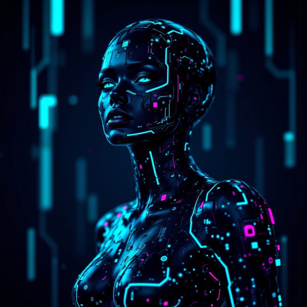 Woman in Cyberpunk Suit with Neon Circuits
