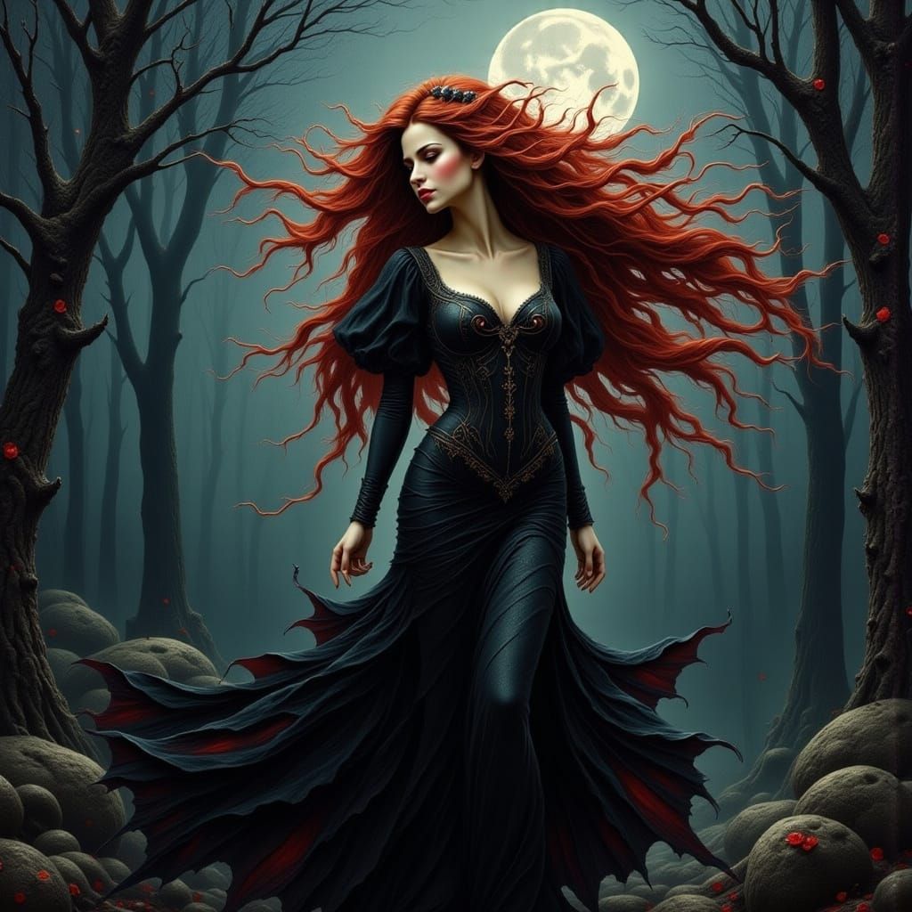 Beautiful Witch with Flowing Hair in Dark Fantasy Style