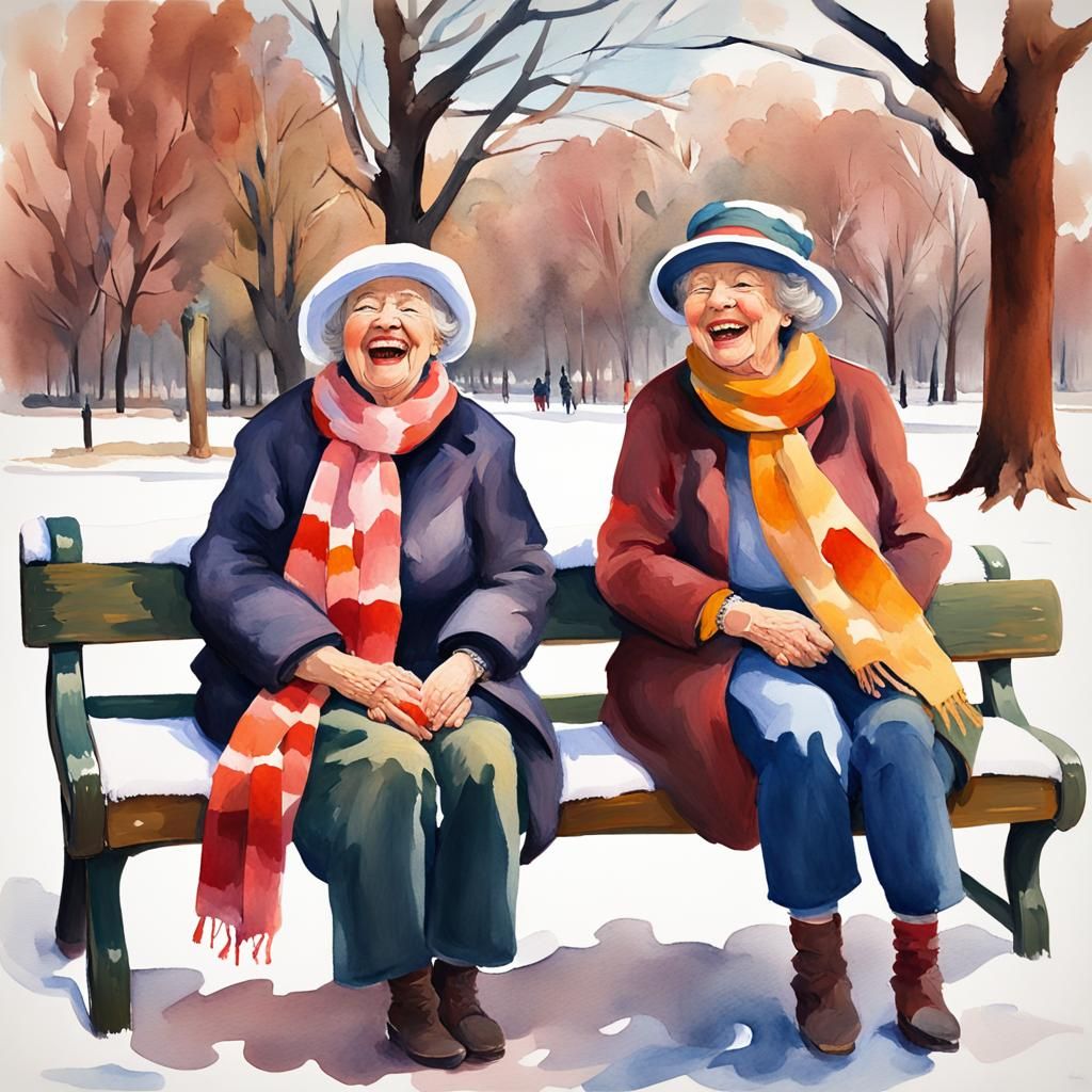 Laughing Women in Snowy Park, Gouache Watercolor
