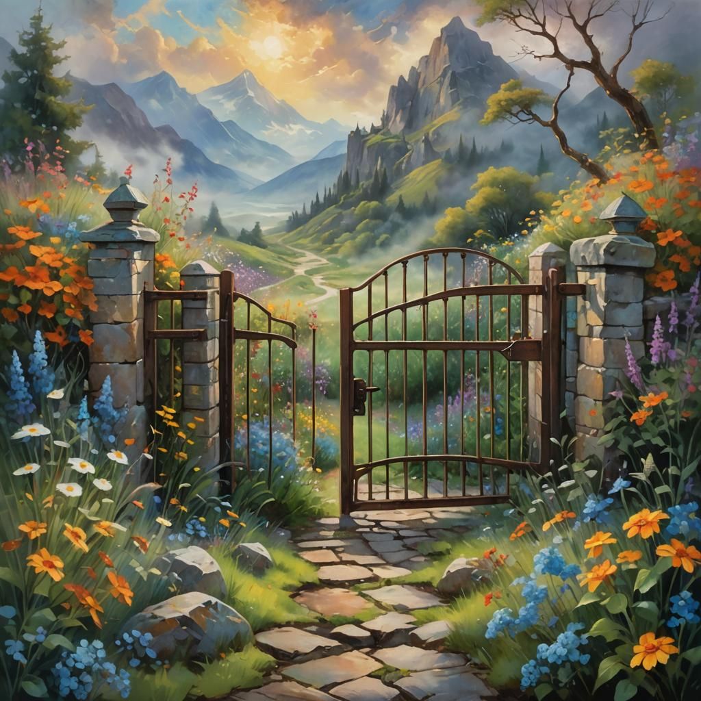 Rustic Garden Gate: Vibrant Oil Painting in Fantasy Realm