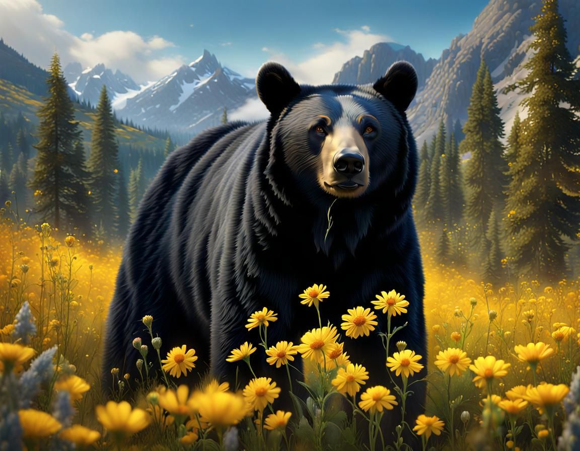 Black Bear with Yellow Wildflowers, Photorealistic Image