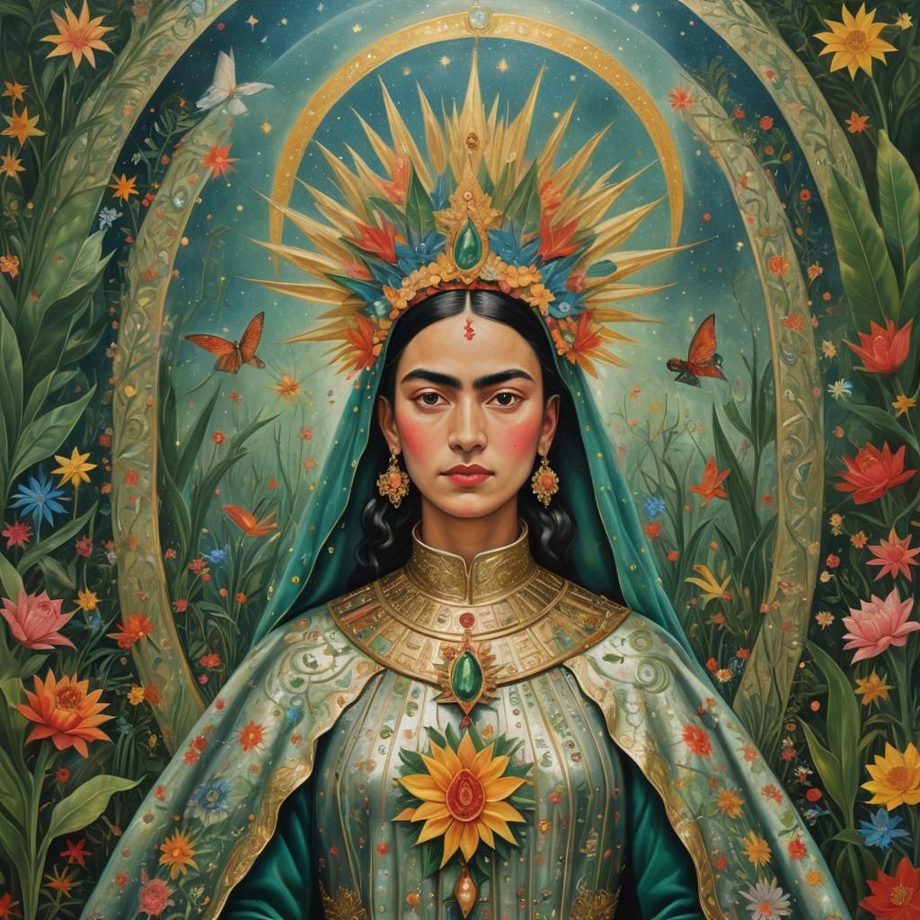 Metallic Guadalupe Virgin in Magical Glade