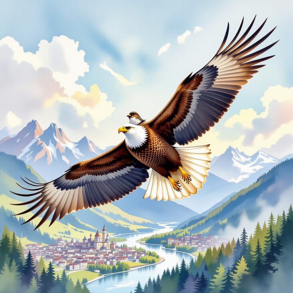 Eagle Soars Over Cities and Forests with Sparrow Passenger