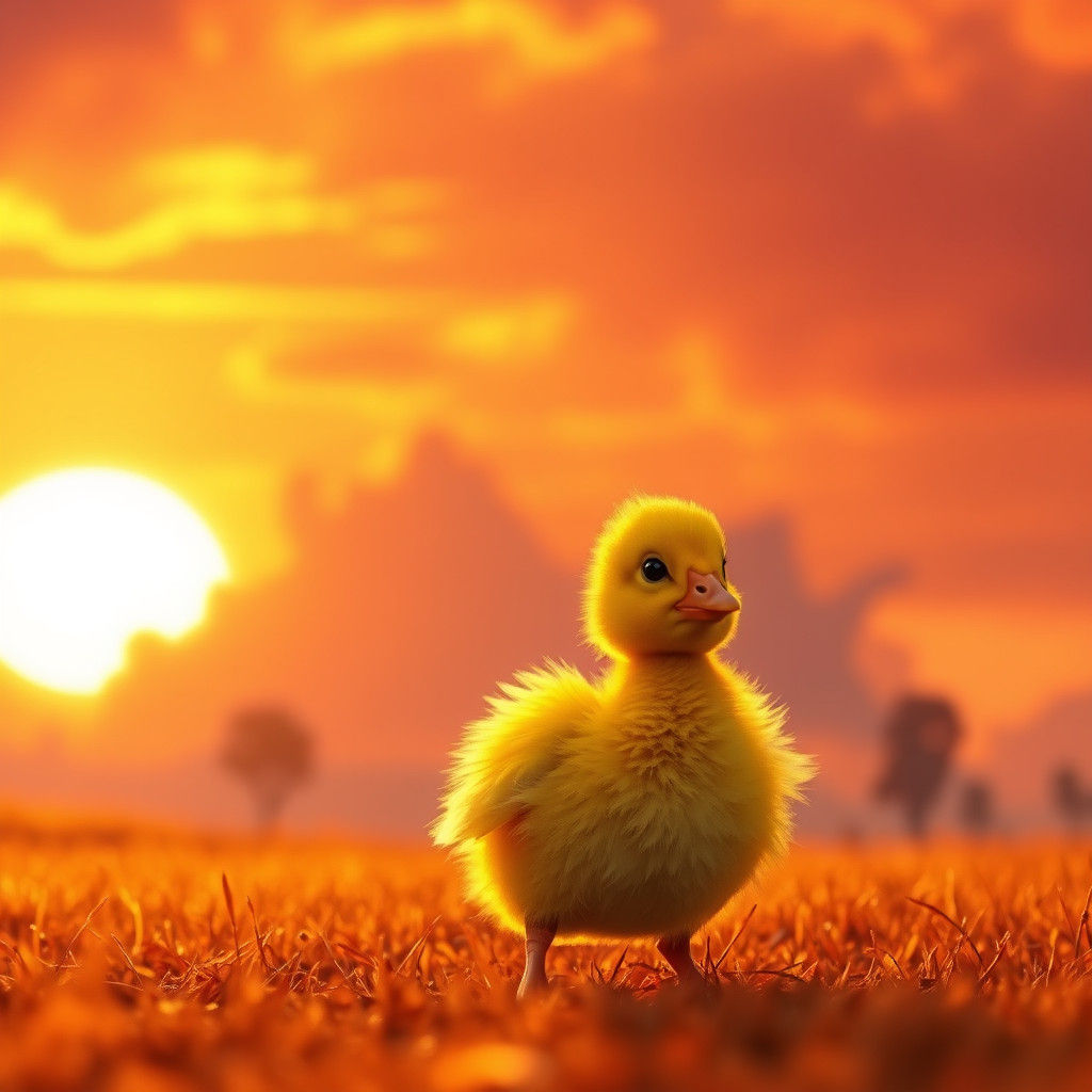 Whimsical Duckling Sunset in Matte Painting Style