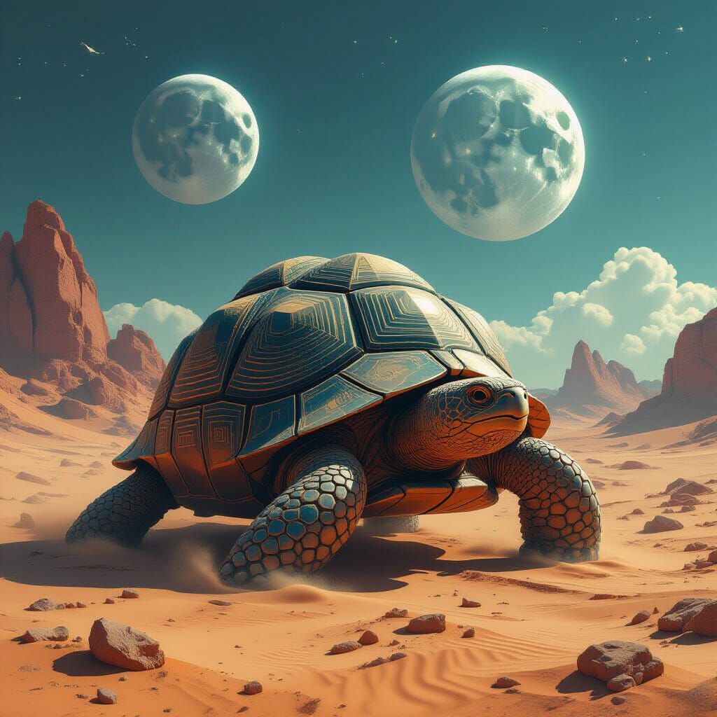 Crystalline Tortoise in Alien Desert Landscape