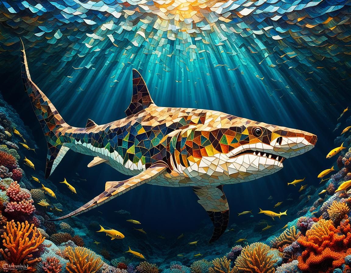 Hammerhead Shark Mosaic in Deep Sea