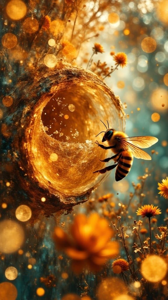 Ethereal Queen Bee in a Vibrant Honeycomb Dreamscape