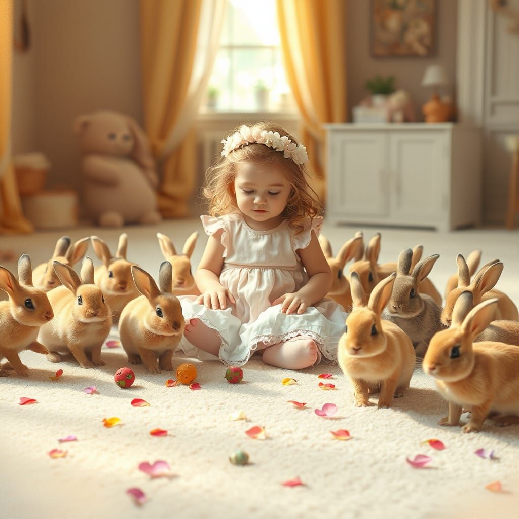 Whimsical Indoor Scene with Rabbits and Girl in Pastel Hues