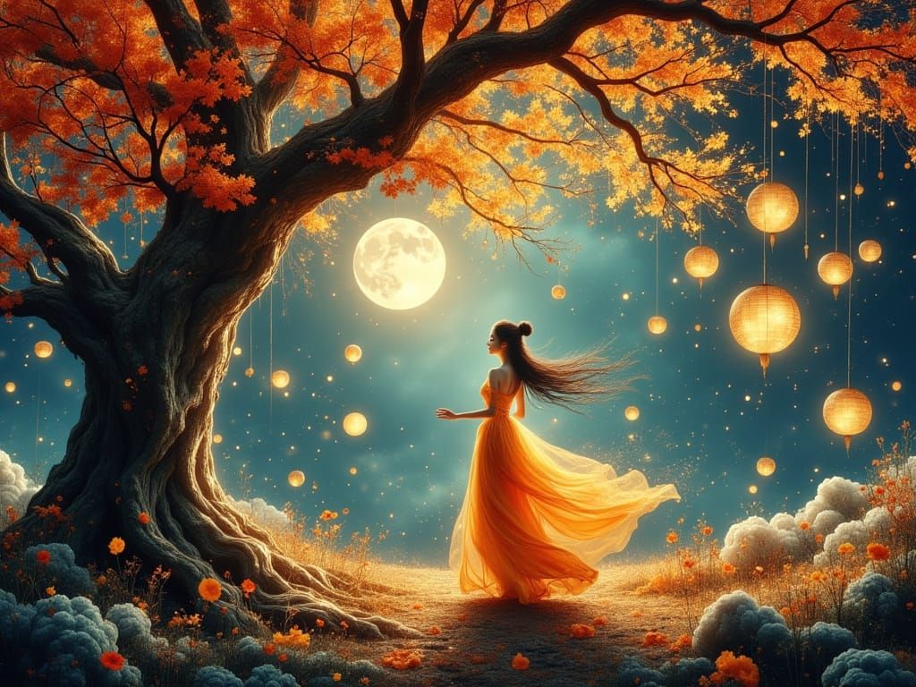 Harvest Moon Over World Tree with Dancing Han Woman