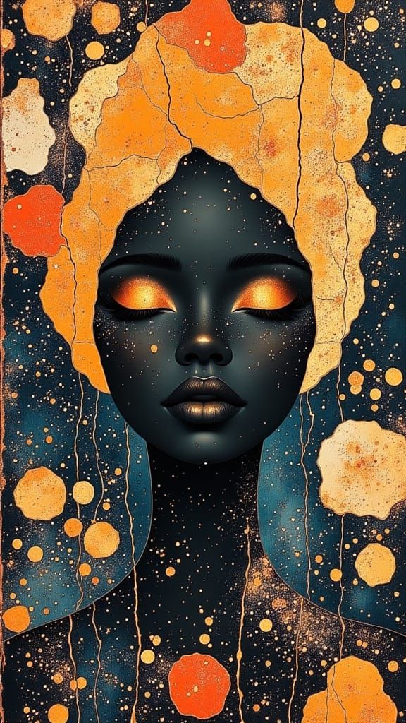 Whimsical African Woman in Mythical Gouache Landscape