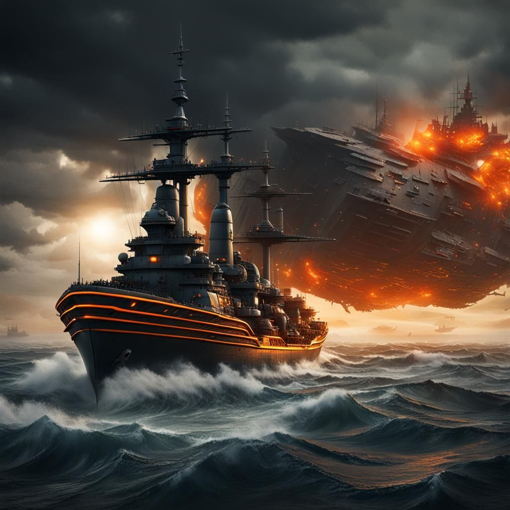 Futuristic Warship on Stormy Sea: Fantasy Concept Art