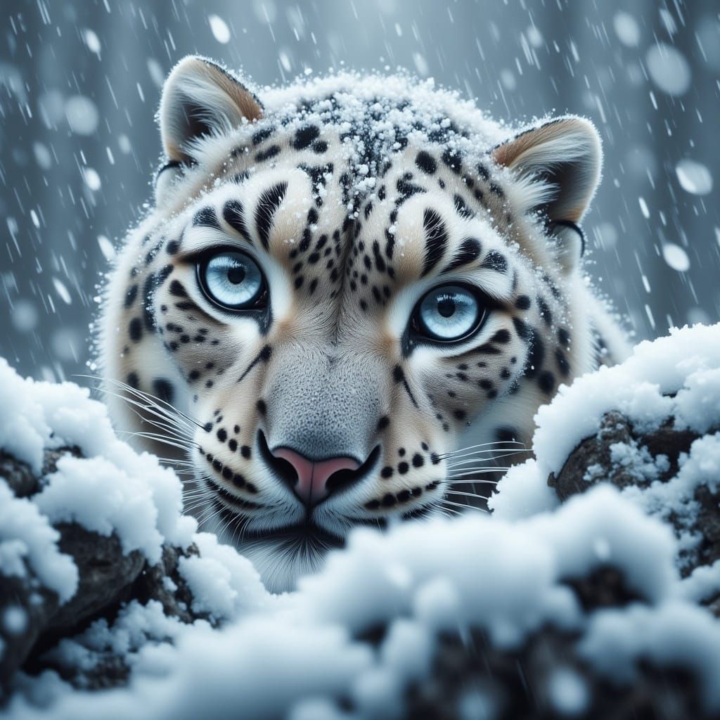 Hyperrealistic Snow Leopard Endures Arctic Storm