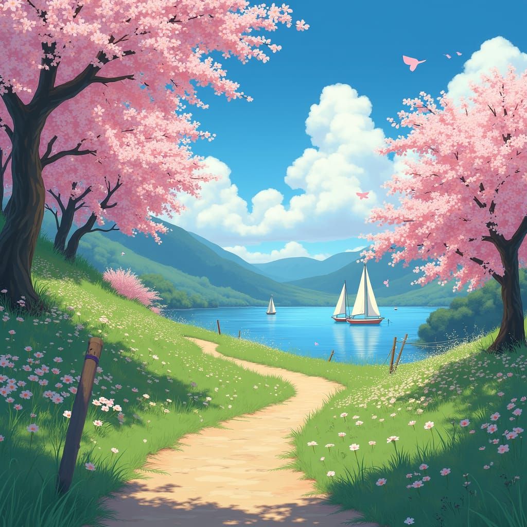 Serene Morning Landscape in Anime Style