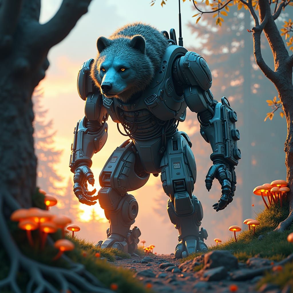 Robotic Bear-Tank-Wolf Fusion in a Fantasy Forest