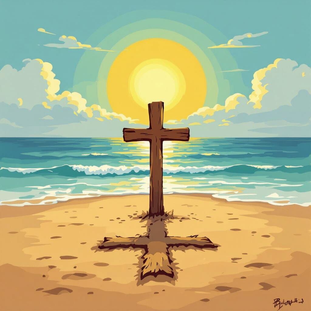 Beach Sunset Cross in Impressionistic Style