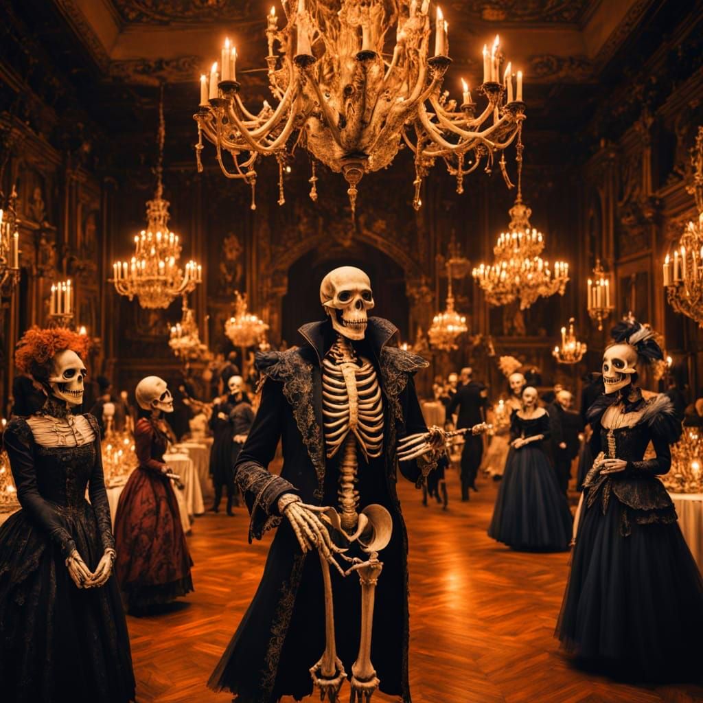 Ethereal Gothic Ball of Skeletons in Victorian Attire