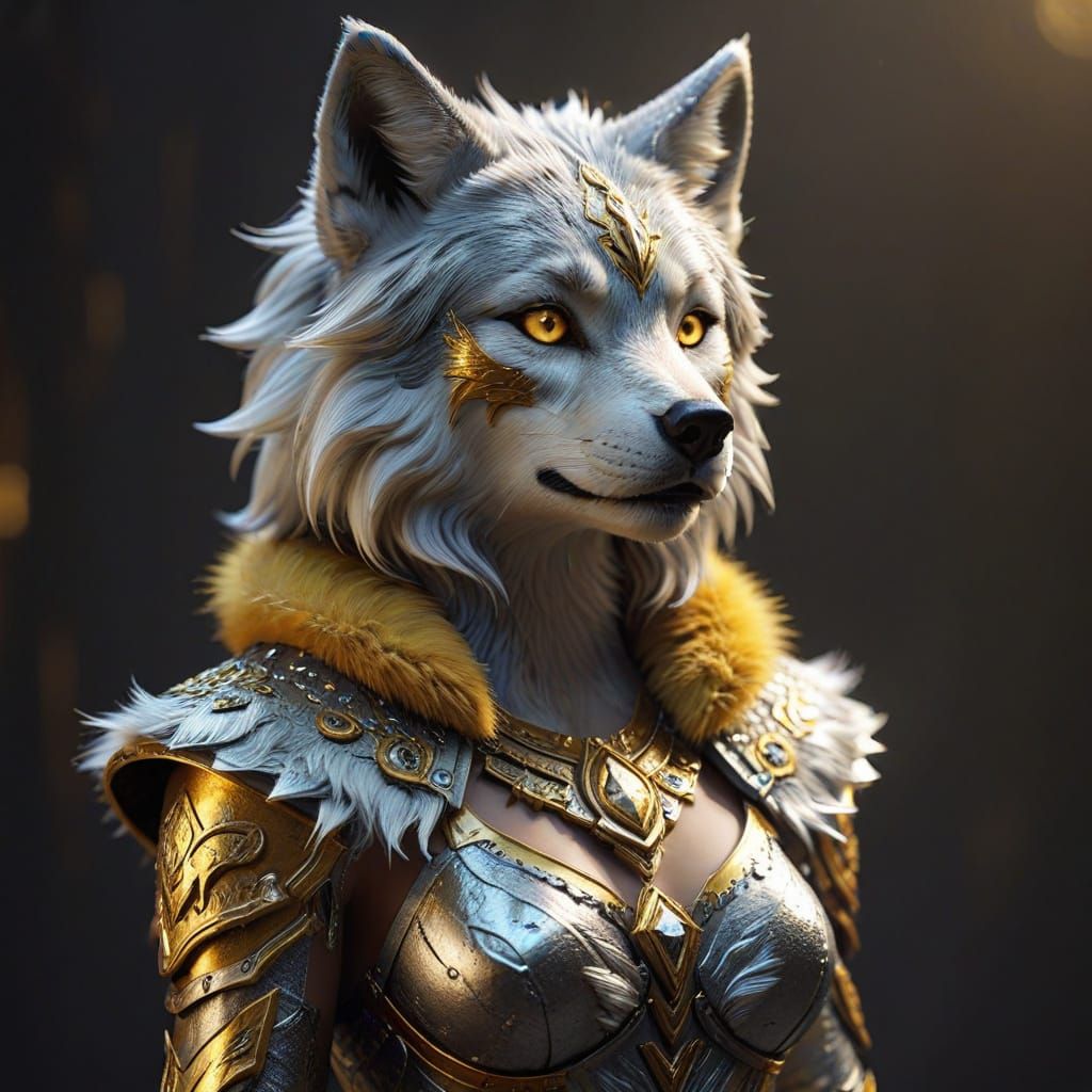 Anthro Wolf Girl with Gold and Silver Fur