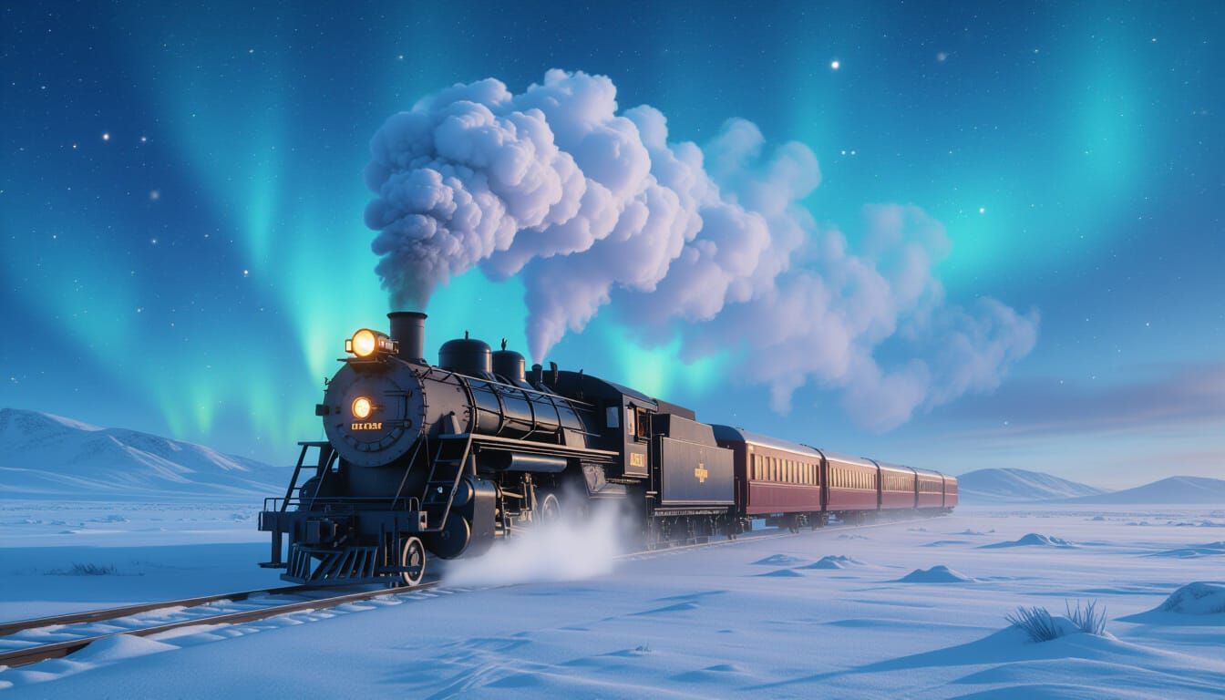 Vintage Train Under Aurora Borealis Sky