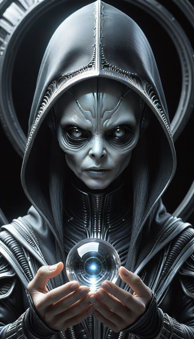 Alien Creature with Hypnotic Crystal in Giger Style