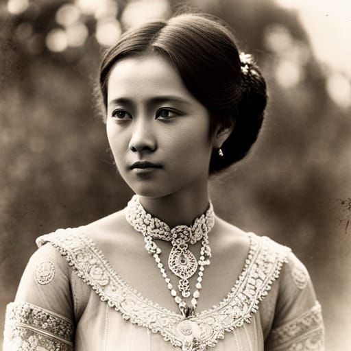 Indonesian Woman in Victorian Dress in Tropical Garden