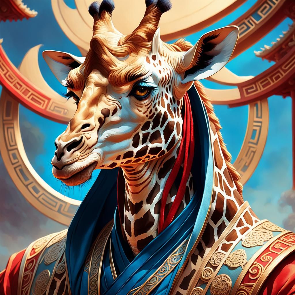 Ethereal Warrior: Beautiful Male Giraffe in Zen, Triadic Col...