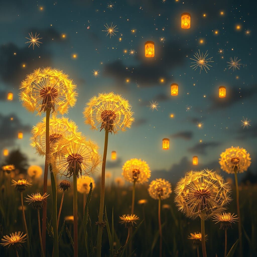 Dandelions Transform Into Galaxies in Dreamlike Meadow