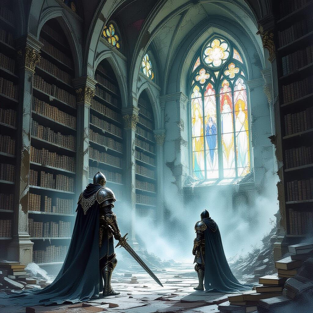 Knight at Ruined Library in Gothic Style