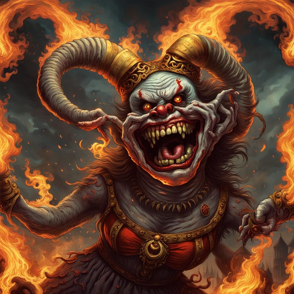 Horrific Zombie Clown Woman in Doré Style