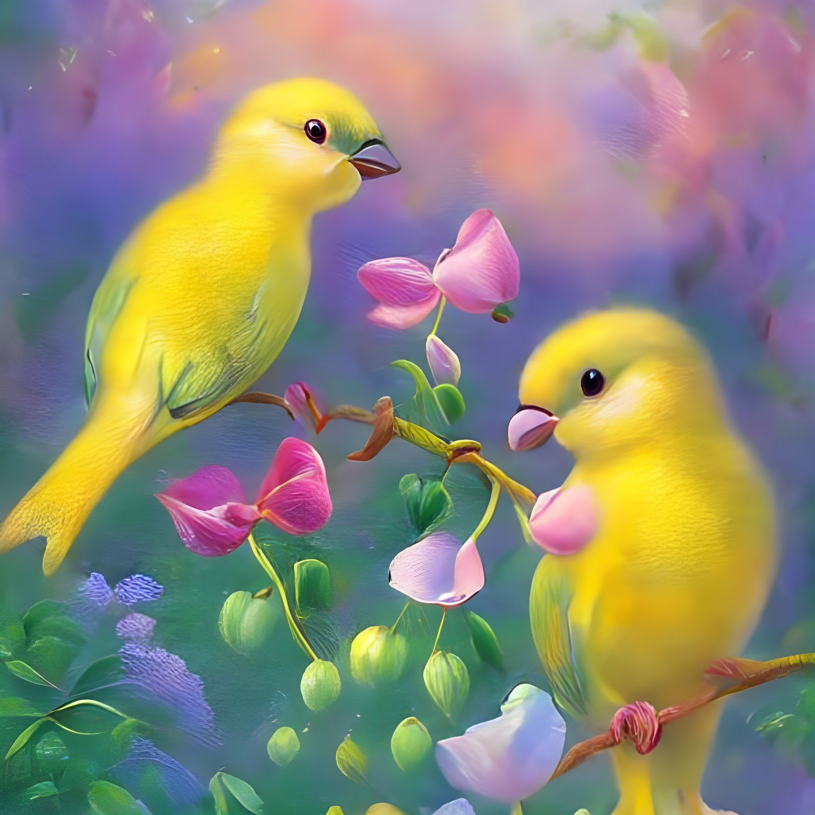 Birds Joyfully Playing on Sweet Pea Vines as Kinkade Paintin...