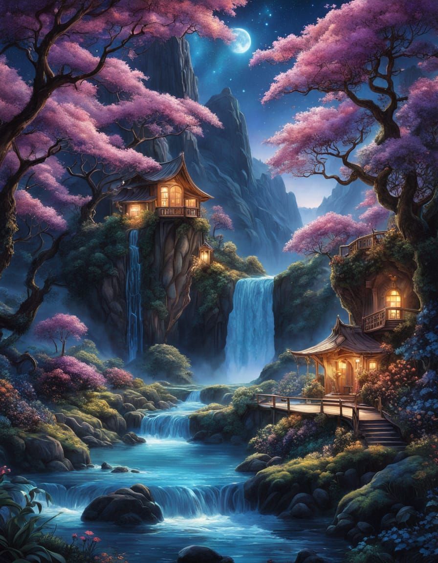 Enchanted Waterfall in a Magical Garden