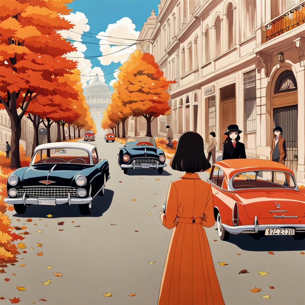 Autumn Street with Vintage Cars in Anime Style