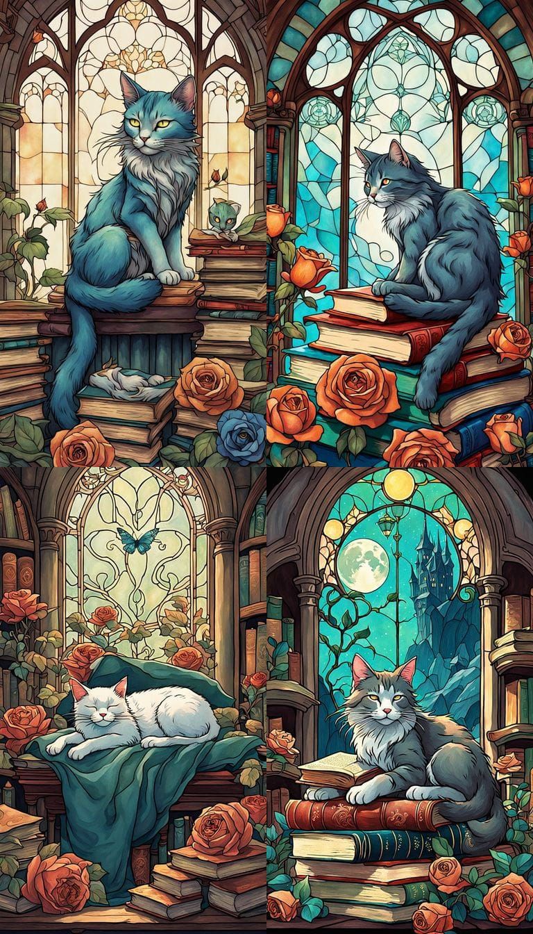 Cat Nap in Art Nouveau Library, Ghibli Style