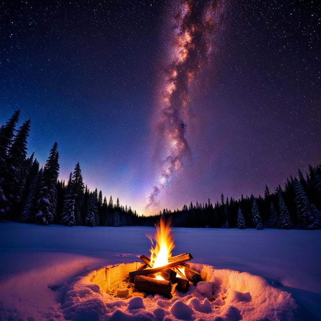 Sparkling Campfire Under Starry Sky on Snowy Ice