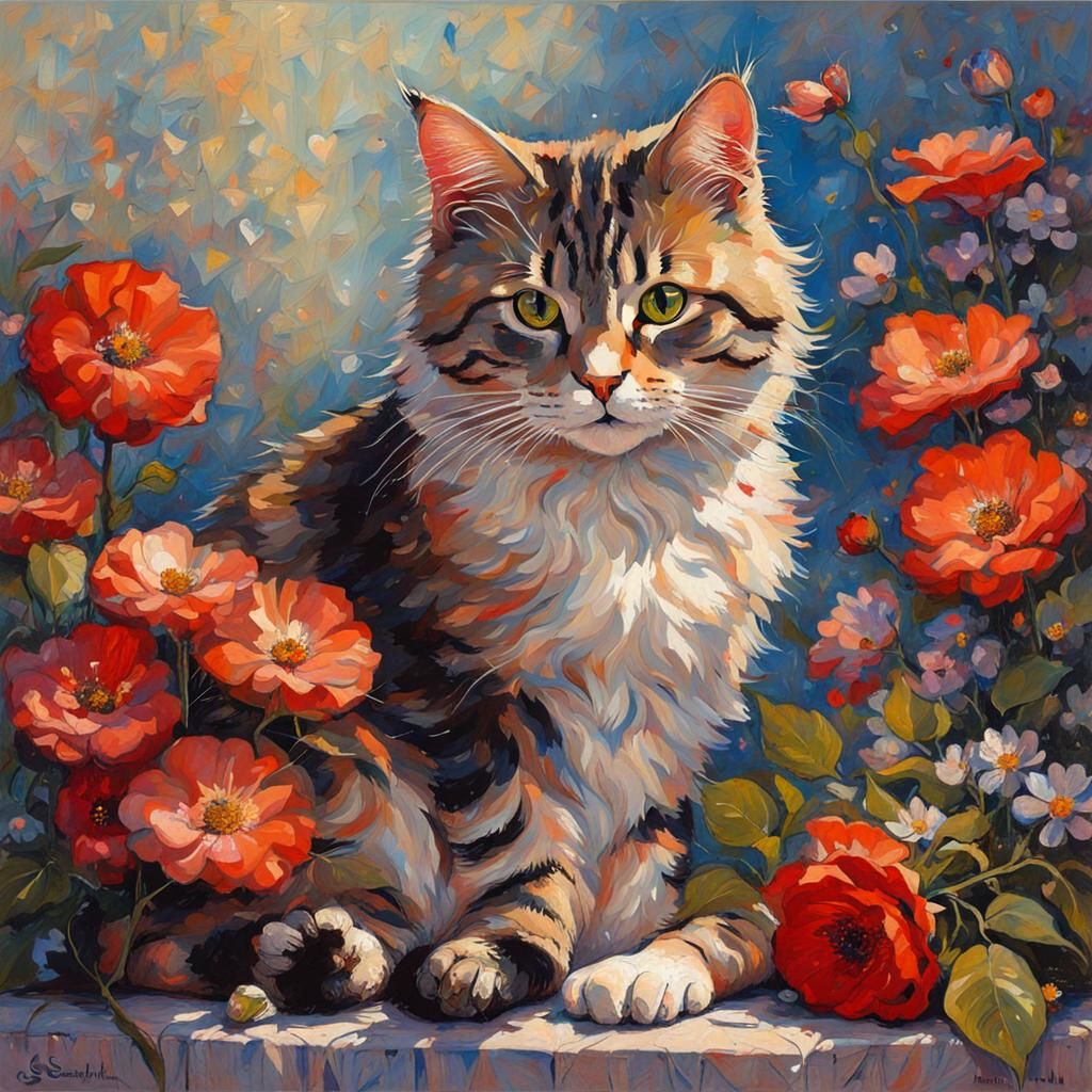 Whimsical Cat in Floral Haven